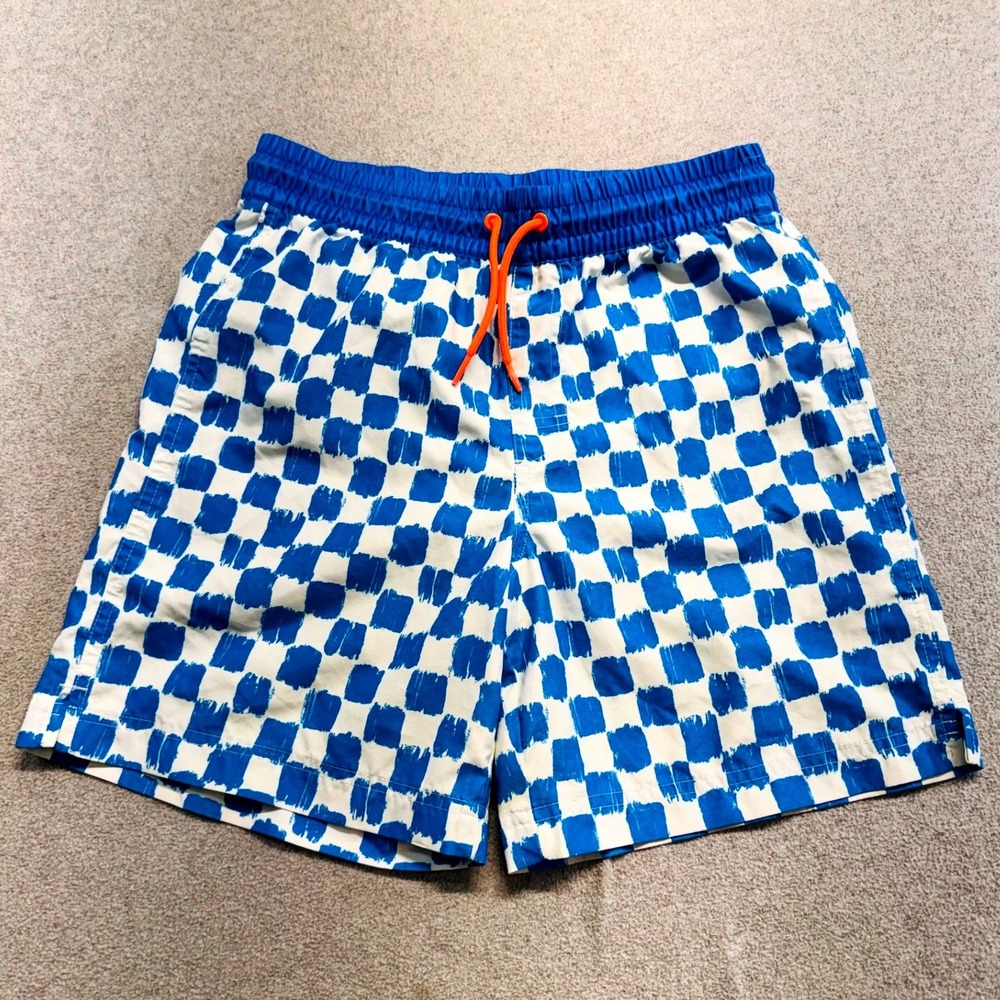 Old Navy Swim Trunks Kid XL 14-16 Blue White Checkerboard Mesh Lined Swim Trunks